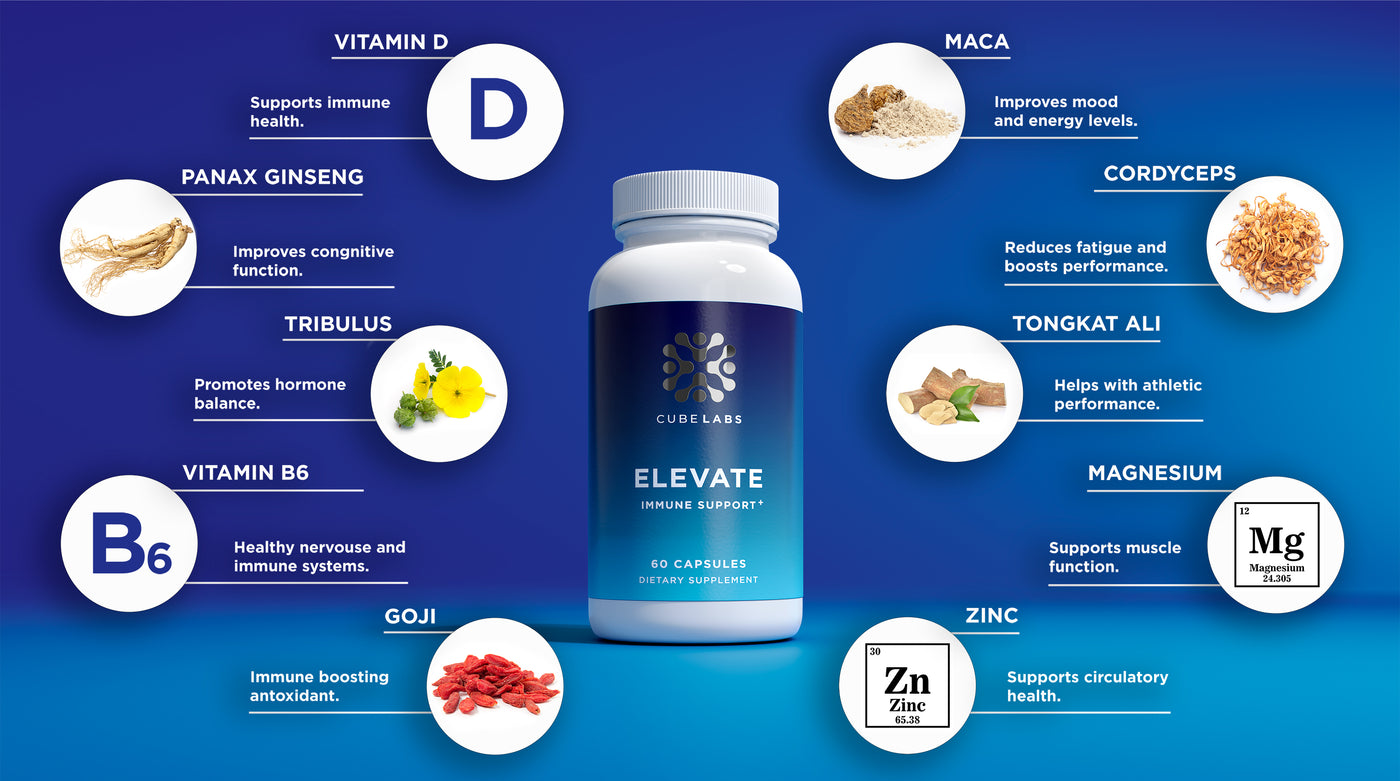 Elevate Immune support contain: Vitamin D Vitamin B6 Magnesium Zinc Tribulus Cordyceps Panax Ginseng Maca Goji Tongkat Ali 