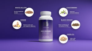 Recovery natural relief contains: White Willow Black cohosh Chasteberry Angelica Ginger 